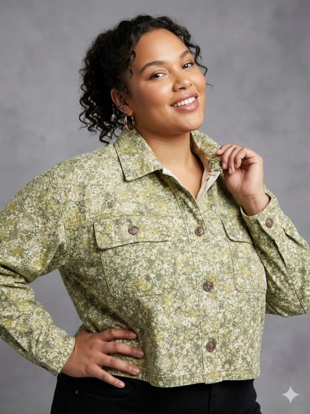 Wild Fable Women's Jacket Size M Green Floral Print Canvas Cropped Oversized